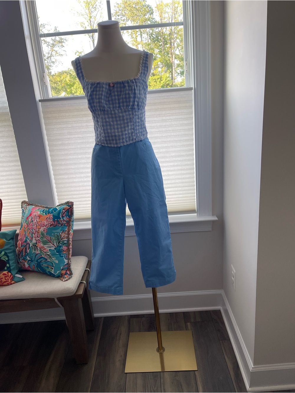 iris Light Blue Gingham Square-Neck Crop Top